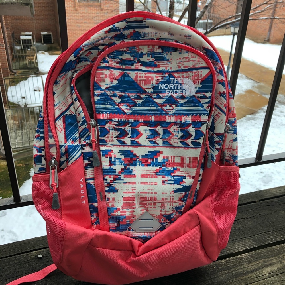 North Face Pink and Blue North Face Backpack